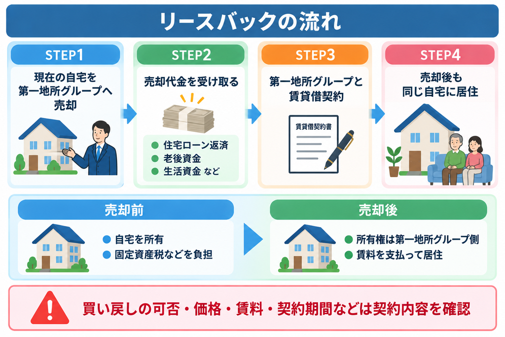自宅を第一地所グループへ売却して代金を受け取り、賃貸借契約を結ぶことで売却後も同じ自宅に住み続ける、リースバックの流れと売却前後の違いを示した図解。