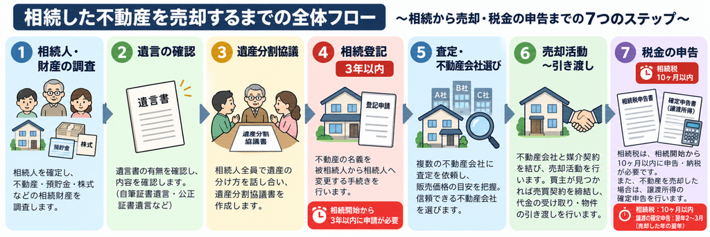 相続した不動産を売却するまでの流れを7ステップで示した図。相続人・財産の調査、遺言の確認、遺産分割協議、3年以内の相続登記、査定・不動産会社選び、売却活動・引き渡し、相続税や譲渡所得の確定申告までを順に解説