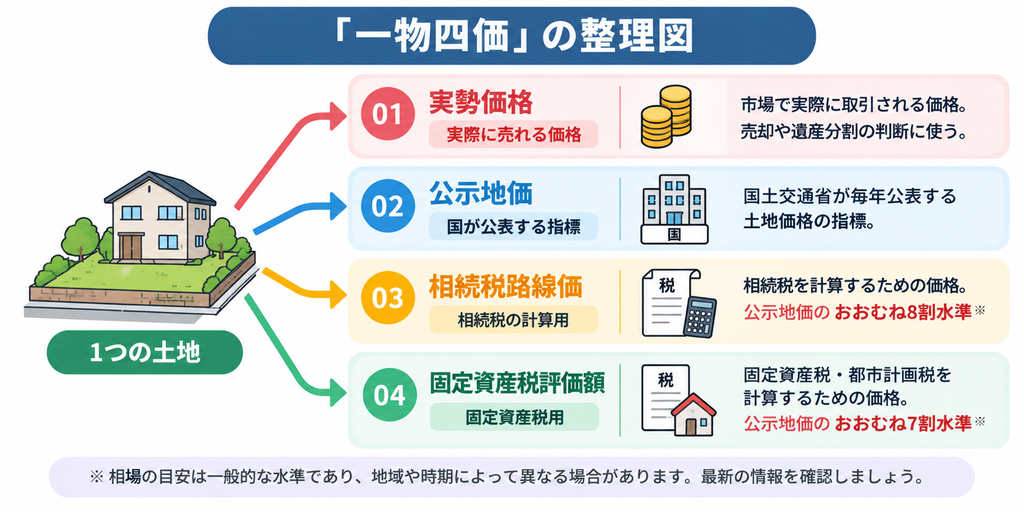 土地の「一物四価」を示した図解。1つの土地から4本の矢印を伸ばし、①実勢価格は市場で実際に取引される価格で、売却や遺産分割の判断に活用、②公示地価は国が公表する土地価格の指標、③相続税路線価は相続税の計算に用いられ、公示地価のおおむね8割水準、④固定資産税評価額は固定資産税などの計算に用いられ、公示地価のおおむね7割水準と説明。割合は一般的な目安であり、地域や時期によって異なる。