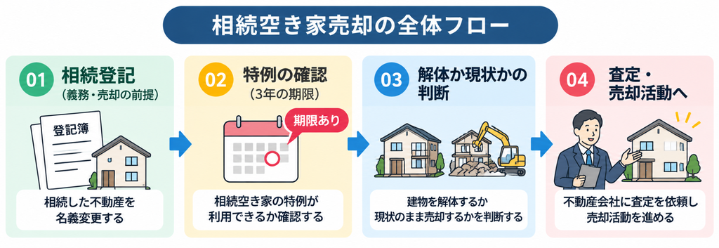 相続空き家を売却するまでの全体フローを4ステップで示した図解。