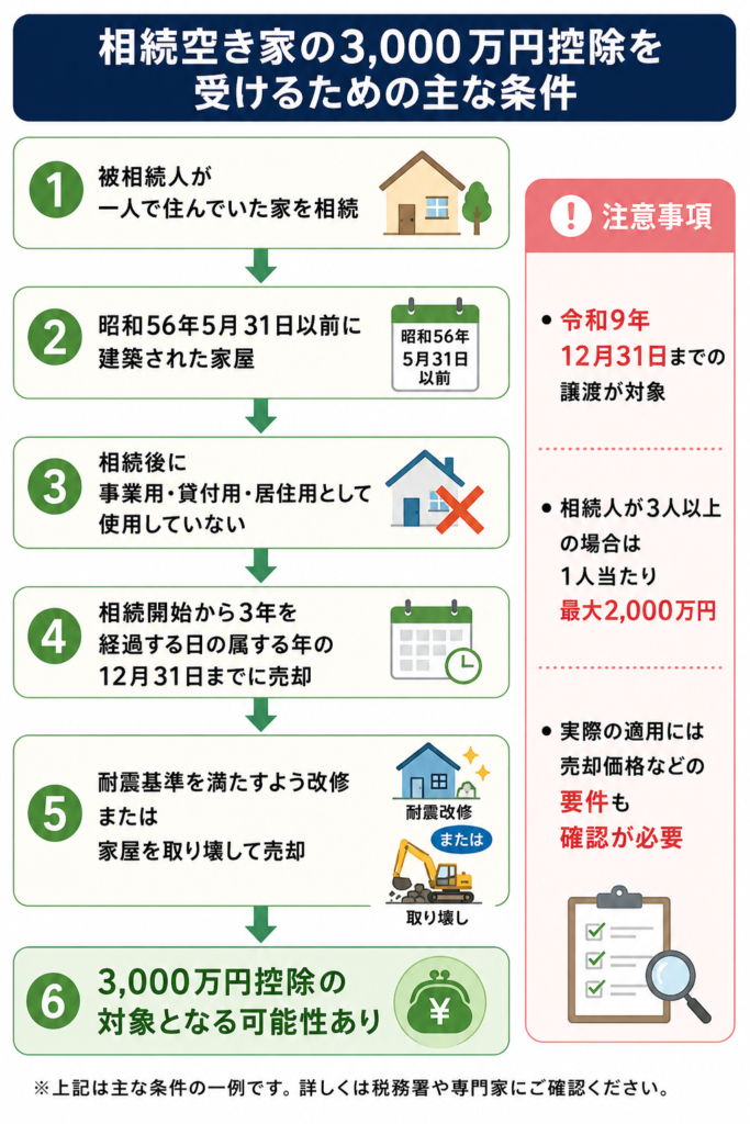 相続空き家の3,000万円特別控除を受けるための主な条件をまとめた判断フロー図。