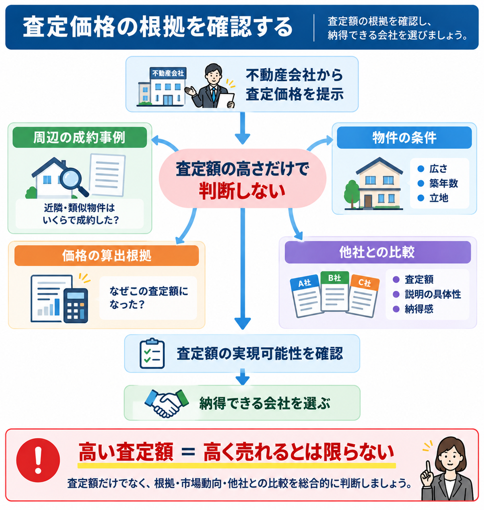 不動産の査定価格について、周辺の成約事例・物件条件・価格の算出根拠・他社の査定内容を確認し、査定額の実現可能性を判断するポイントを示した図解。
