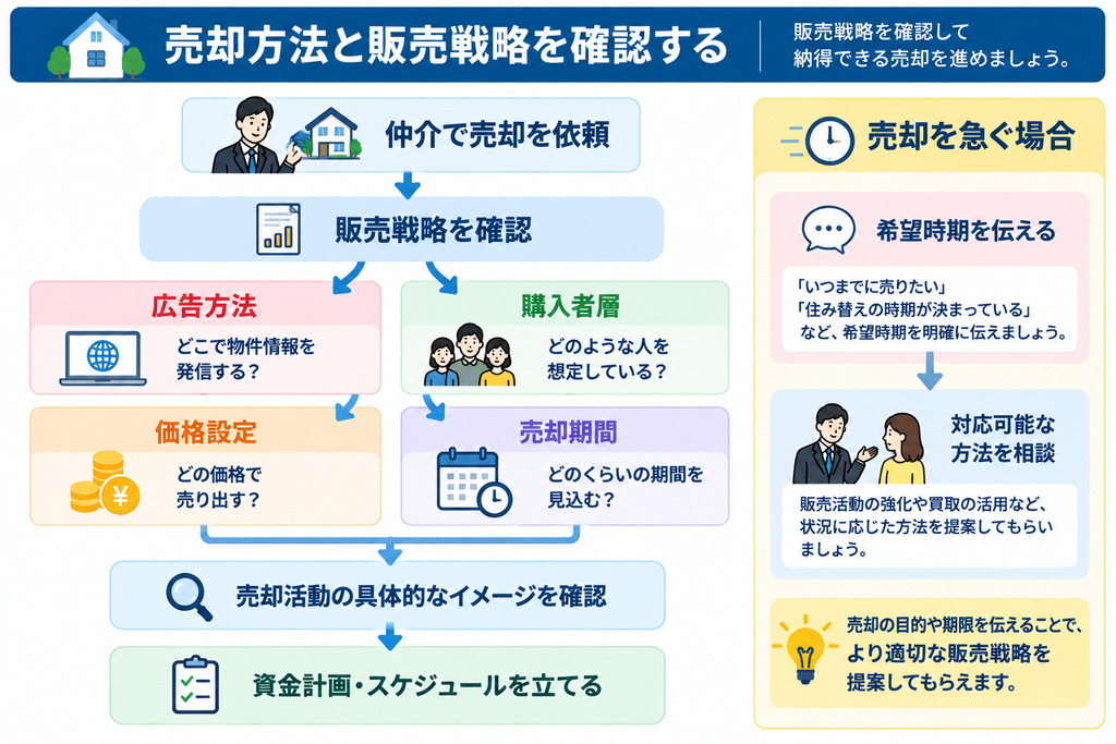 仲介売却で広告方法・購入者層・価格設定・売却期間を確認し、売却活動の具体像を把握して資金計画やスケジュールを立てる流れを示した図解