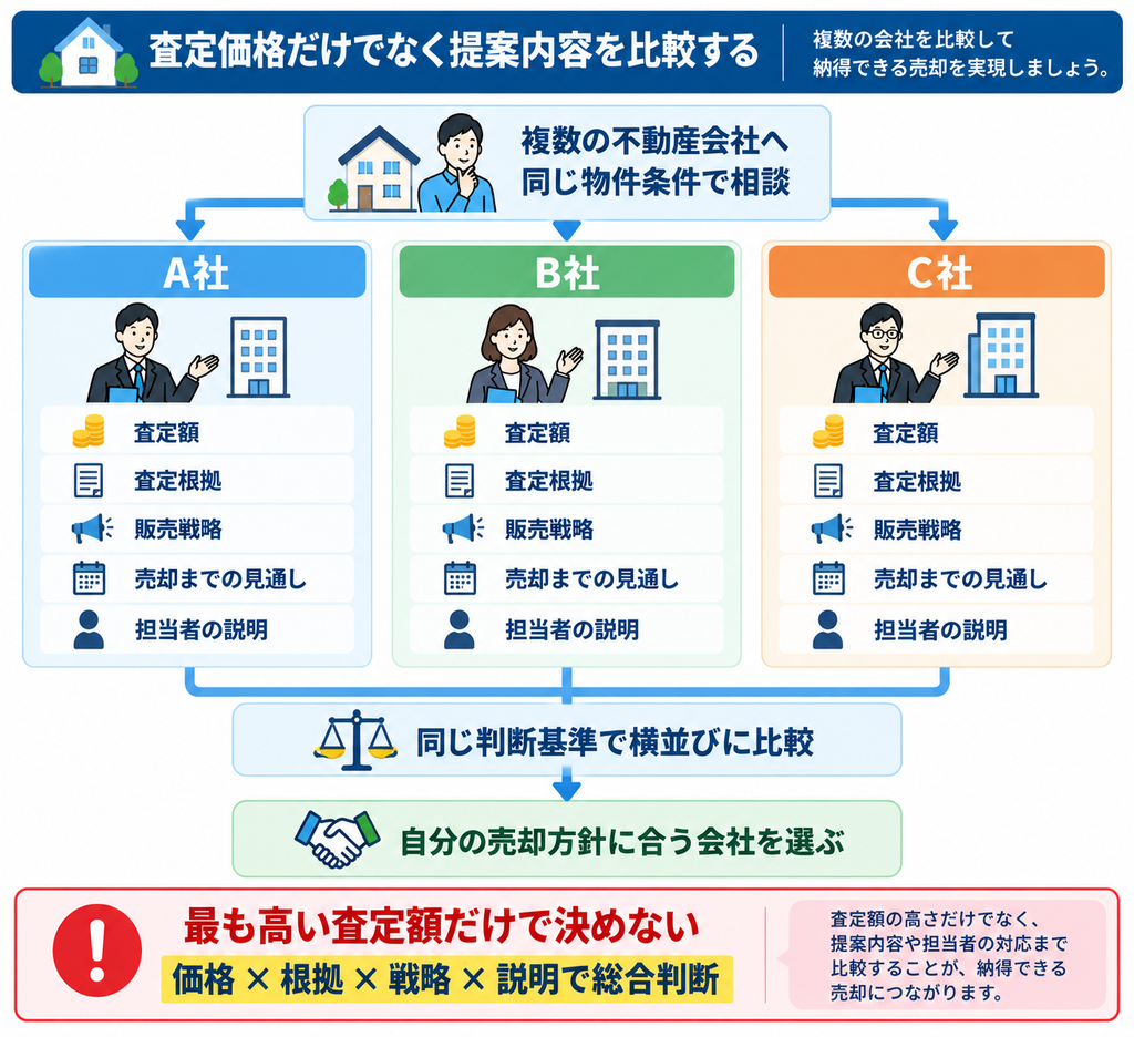 複数の不動産会社を査定額・査定根拠・販売戦略・売却までの見通し・担当者の説明で比較し、自分の売却方針に合う会社を選ぶ方法を示した図解。