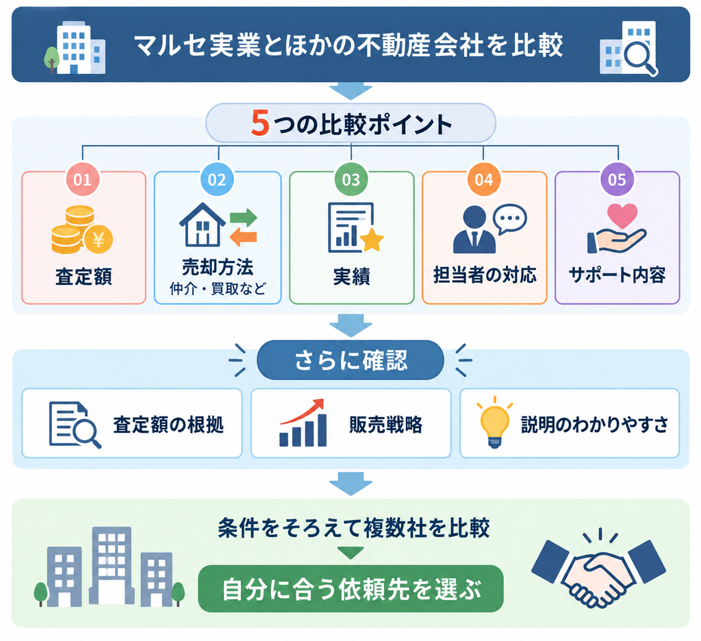 マルセ実業とほかの不動産会社を、査定額・売却方法・実績・担当者の対応・サポート内容の5項目で比較し、査定額の根拠や販売戦略、説明のわかりやすさも確認したうえで依頼先を選ぶ流れを示した図解