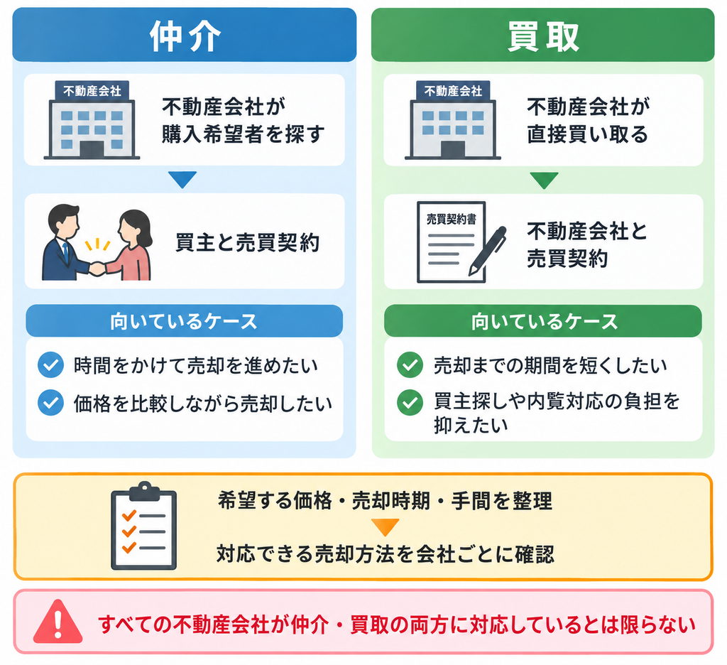 仲介と買取の売却方法を比較し、それぞれの流れや向いているケース、売却方法を選ぶ際の確認ポイントを示した図解。