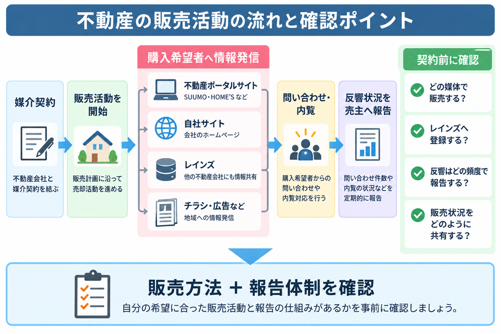 媒介契約後、不動産ポータルサイトや自社サイト、レインズ、チラシなどで販売活動を行い、問い合わせや内覧の反響状況を売主へ報告する流れと、契約前の確認ポイントを示した図解