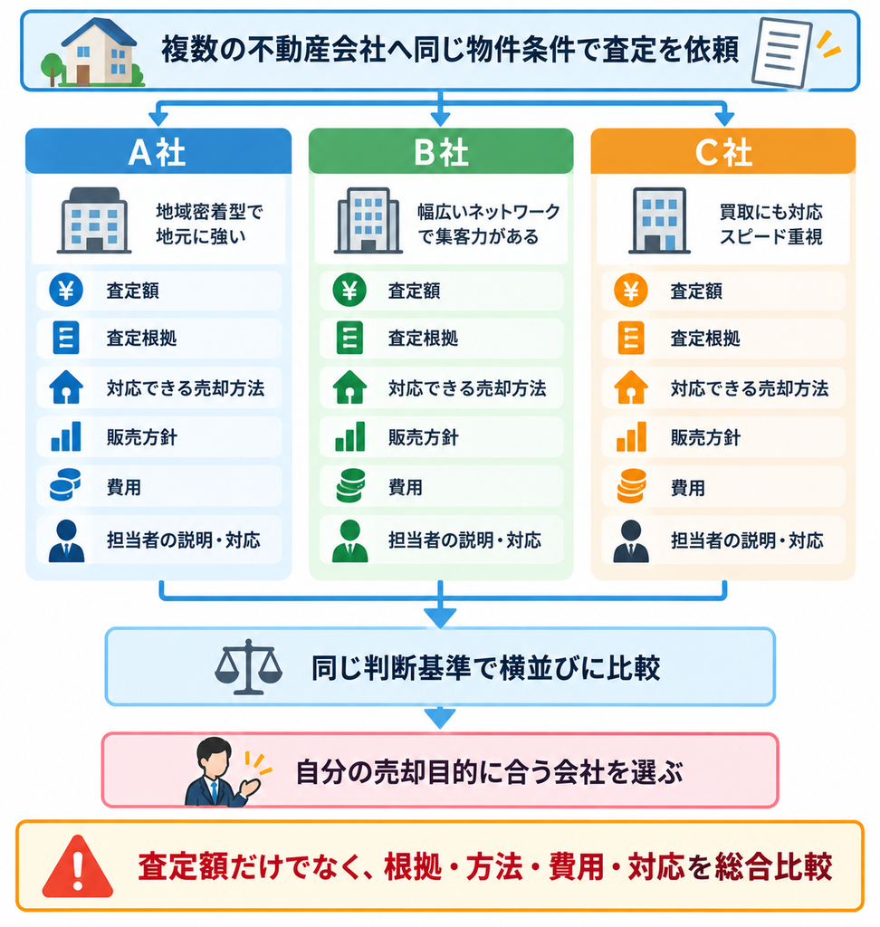 複数の不動産会社へ同じ条件で査定を依頼し、査定額・査定根拠・売却方法・販売方針・費用・担当者の対応を比較して、売却目的に合う会社を選ぶ流れを示した図解