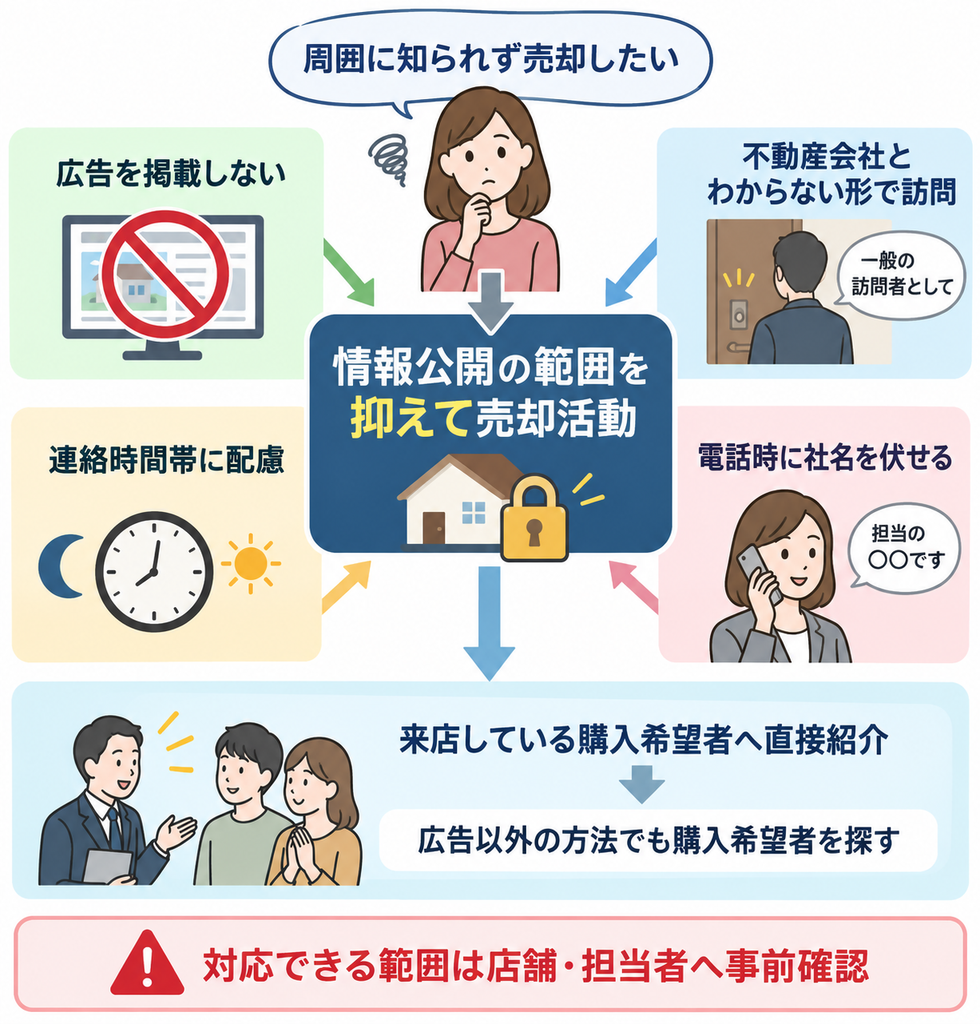 周囲に知られず不動産を売却したい場合の対応例として、広告を掲載しない、不動産会社とわからない形で訪問する、連絡時間帯に配慮する、電話時に社名を伏せる方法を示し、来店中の購入希望者へ直接紹介する流れと、対応範囲は店舗・担当者へ事前確認が必要であることをまとめた図解。
