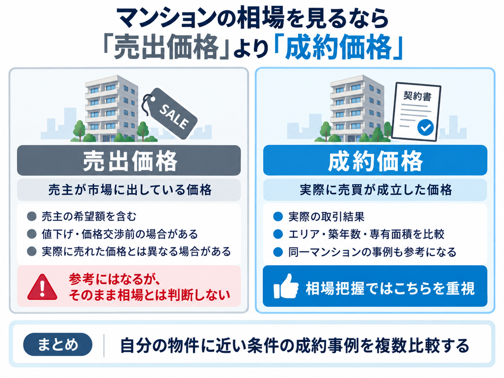 マンション売却の相場は「売出価格」ではなく「成約価格」を重視することを示した比較図 
