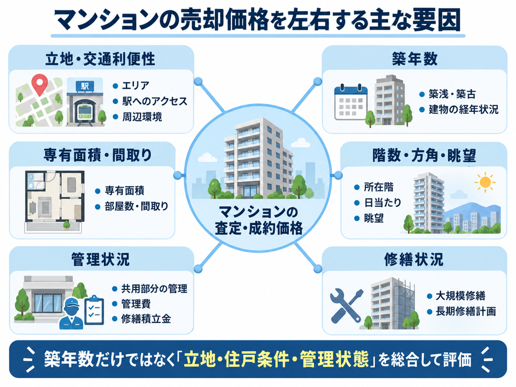 マンションの売却価格を左右する主な要因を示した図解