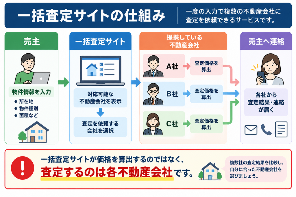 一括査定サイトに物件情報を入力し、対応可能な複数の不動産会社へ査定を依頼して、各社から査定結果や連絡を受け取る仕組みを示した図解