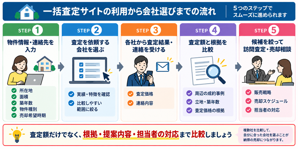 一括査定サイトで物件情報を入力し、査定依頼先の選択、査定結果と根拠の比較、訪問査定・売却相談へ進む5つのステップを示した図解