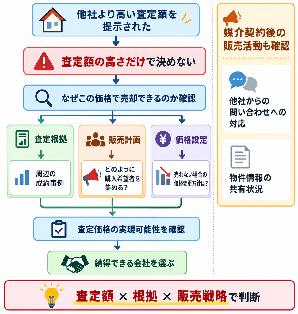 他社より高い査定額を提示された際に、査定額だけで判断せず、周辺の成約事例などの査定根拠、購入希望者を集める販売計画、売れない場合の価格変更方針を確認し、査定価格の実現可能性を見極める流れを示した図