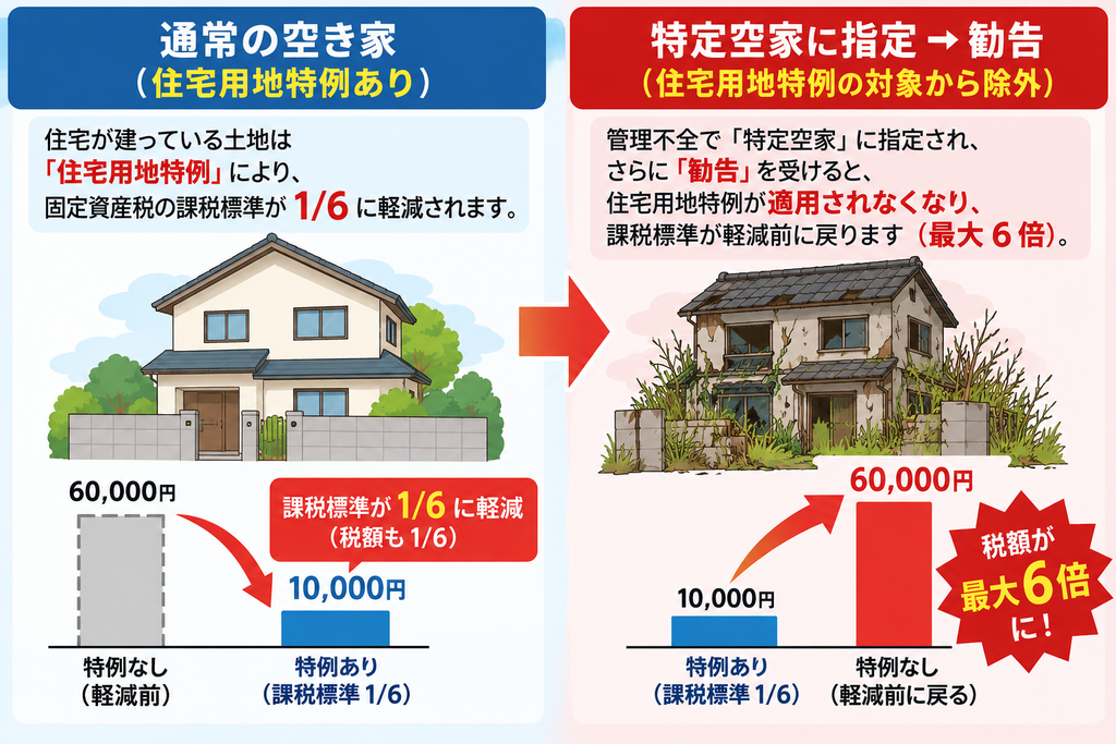 通常の空き家は住宅用地特例により固定資産税の課税標準が6分の1に軽減される一方、特定空家に指定され勧告を受けると特例対象から除外され、軽減前に戻り税額が最大6倍になることを示した比較図。
