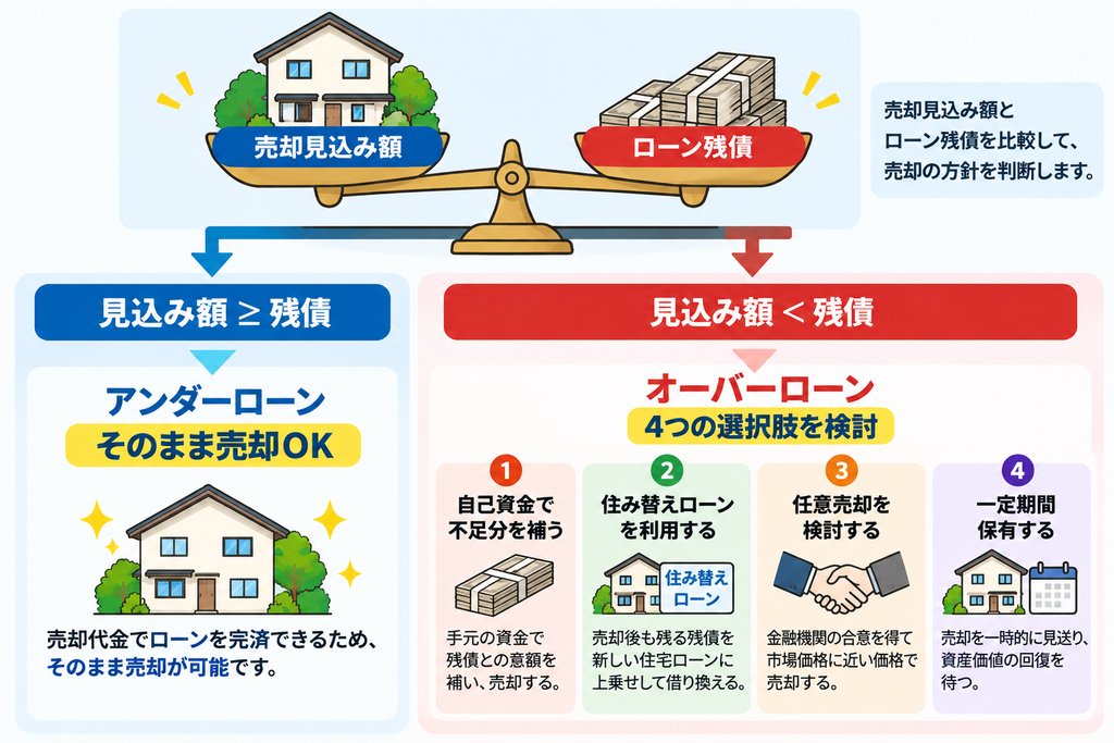 売却見込み額とローン残債を天秤で比較し、見込み額が残債以上のアンダーローンならそのまま売却でき、見込み額が残債を下回るオーバーローンなら自己資金や住み替えローンなどの選択肢を検討する流れを示した図。