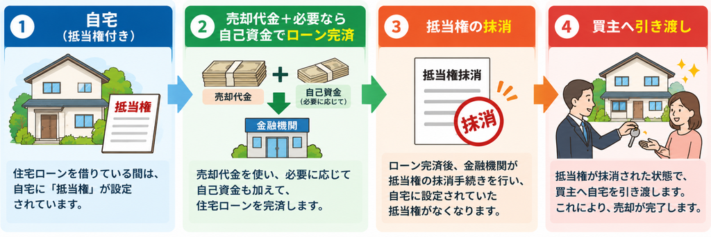 抵当権付きの自宅を売却する際に、売却代金と必要に応じて自己資金で住宅ローンを完済し、抵当権を抹消したうえで買主へ物件を引き渡す流れを示した図。